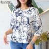ZANZEA Women Casual Round Neck 3/4 Sleeve Loose Print Blouse