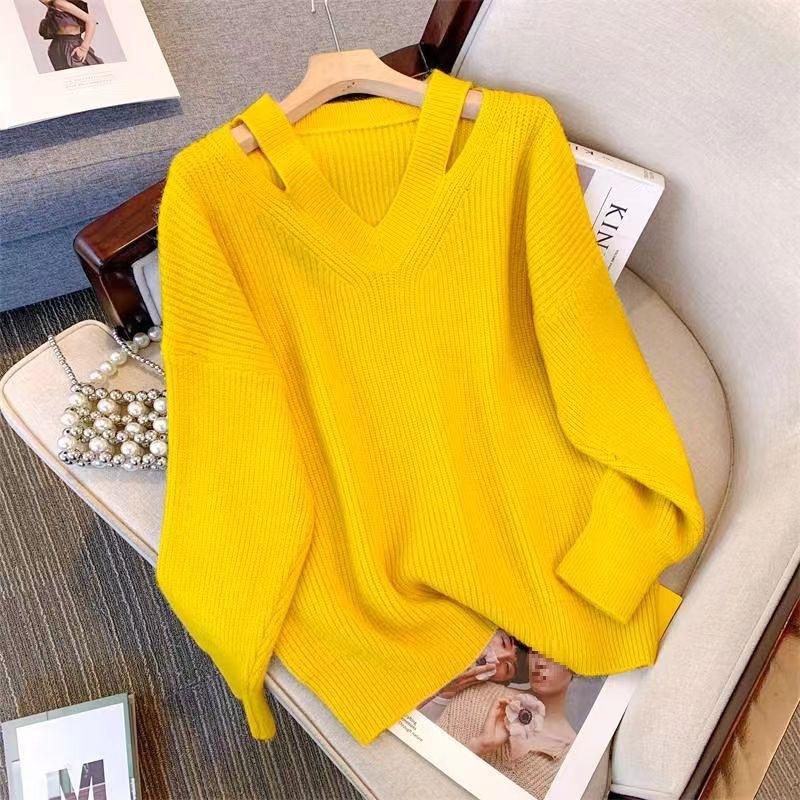 Women Sweater Autumn Loose V-neck Knitted Pullovers Solid Soft Knitwear Bottoming Shirts Ladies Jumpers Basic Sweaters