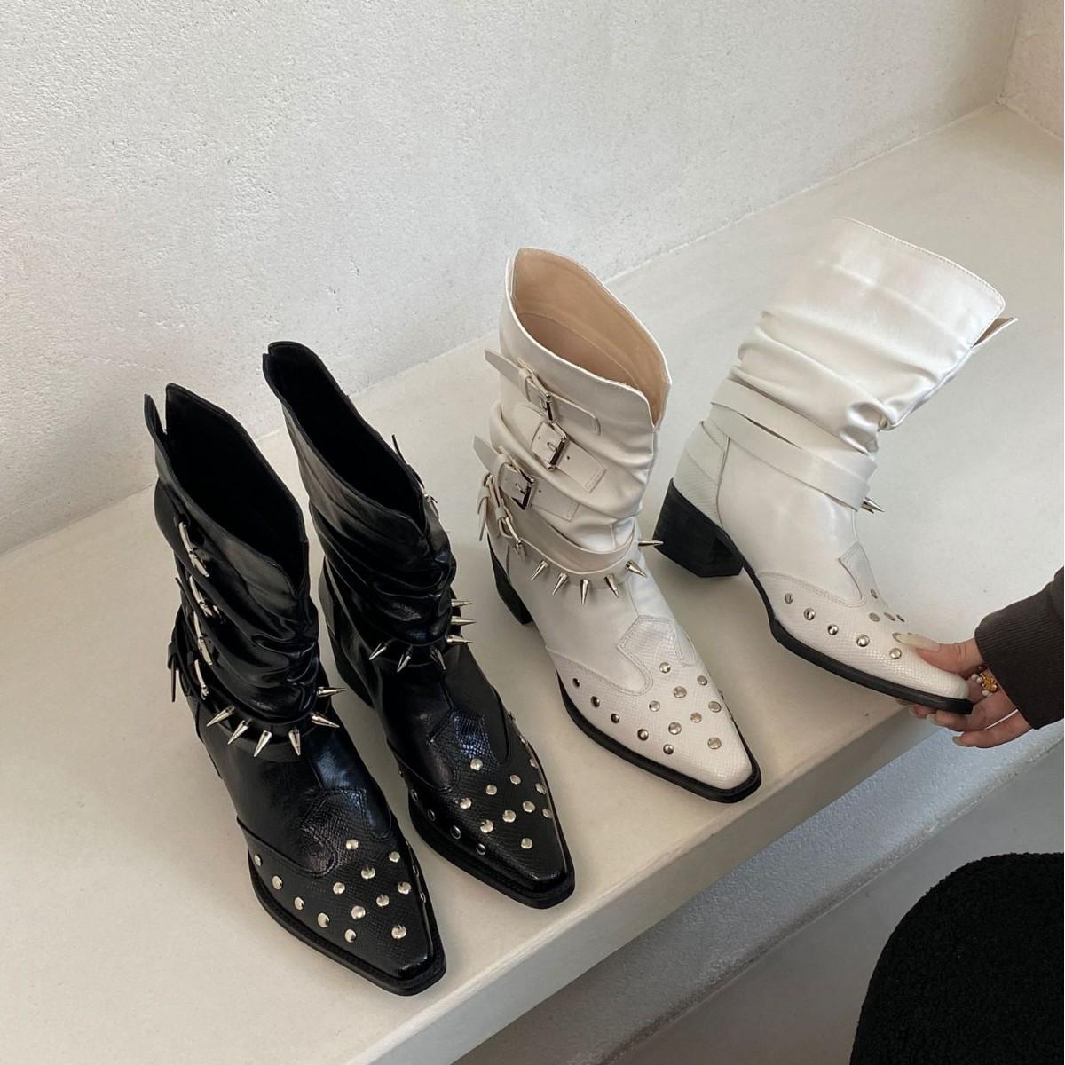 

2025 winter new pointed thick heel rivet locomotive women s short boots versatile low tube fashion thin boots western women s boots 40 белый