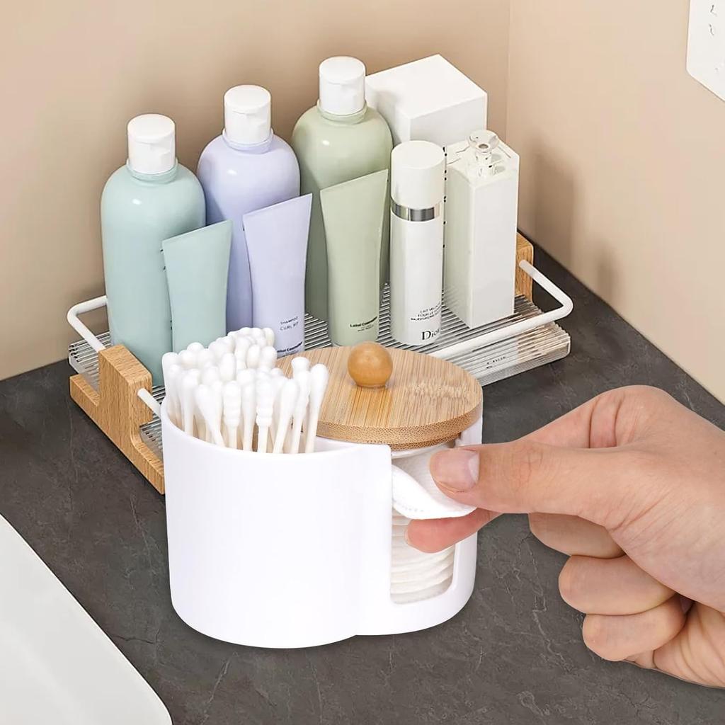 Cotton Pad and Qitp Holder, Small Plastic Cotton Swabs Dispenser with Lid, Bathroom Accessories Storage Organizer
