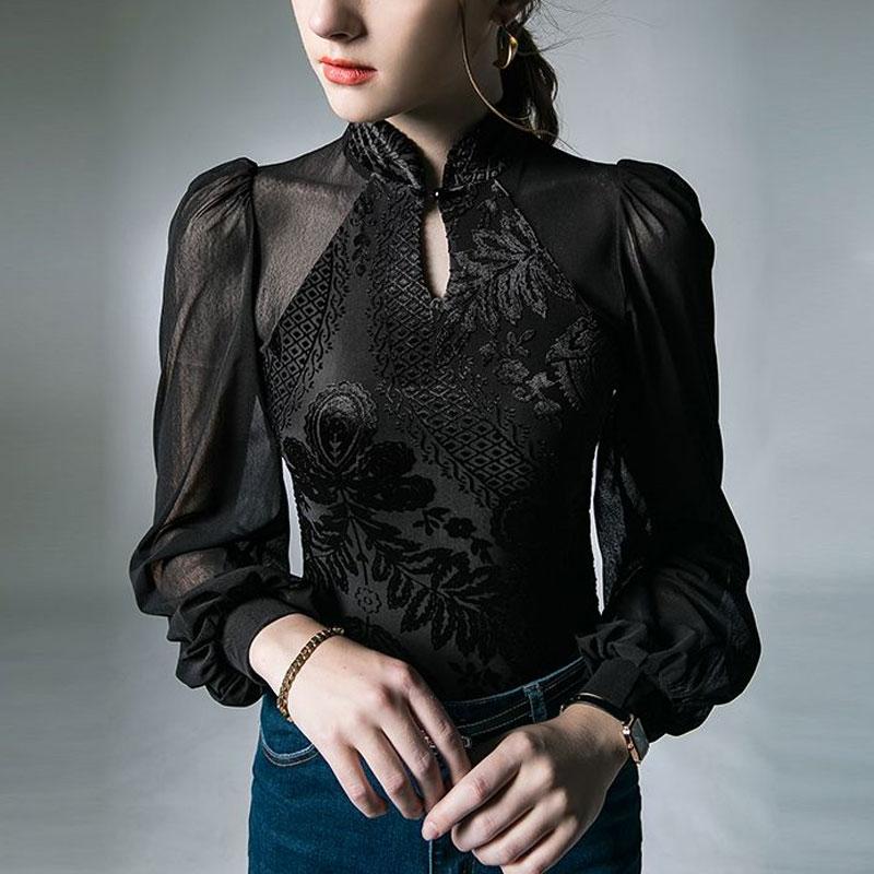 

Модная приталенная блузка в китайском стиле, женская одежда, винтажное жаккардовое плетение, весна-осень, новинка, ажурная, элегантная рубашка со стойкой M чёрный