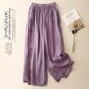 Vintage Embroidered Women's Wide-Leg Pants for Mothers, Summer Thin Elastic Waist Loose Casual Fashion Nine-Point Pants