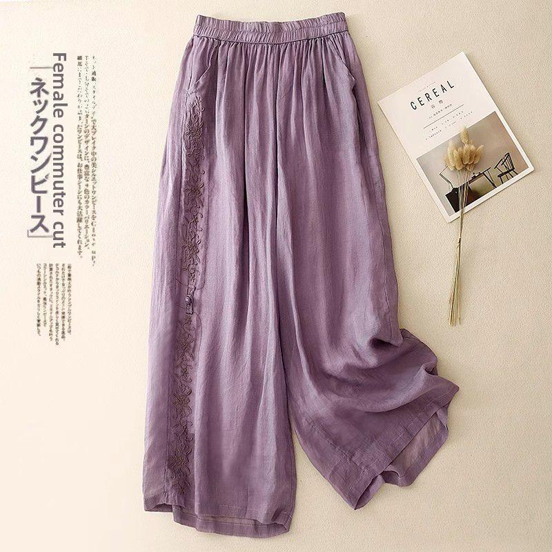 Vintage Embroidered Women's Wide-Leg Pants for Mothers, Summer Thin Elastic Waist Loose Casual Fashion Nine-Point Pants