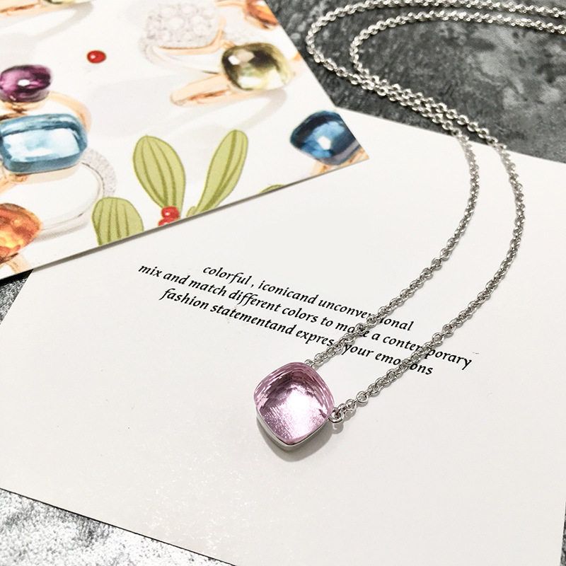

Necklace Fancy Multi-Section Small Sugar Cube European and American Fashion Non-Fading Candy Color Natural Crystal Clavicle Chain Silver + Transparent Powder