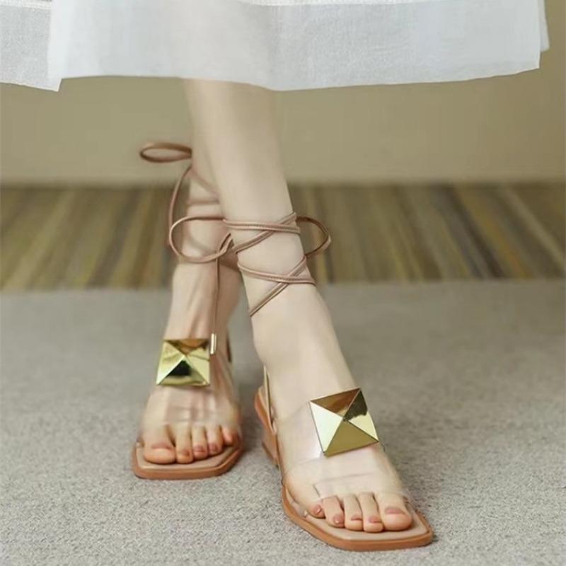 Square Heel Sandals New Summer Square Head Metal Buckle After The Cross Strap Soft Low Anti-slip Wear-resistant Heel Shoes