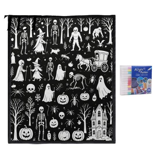 Cozy Warm Throw for Sofa Halloween DIY Coloring Blanket with 24 Markers, Washable Blanket, Color Art Therapy Relaxation Your Own Spooky Pattern
