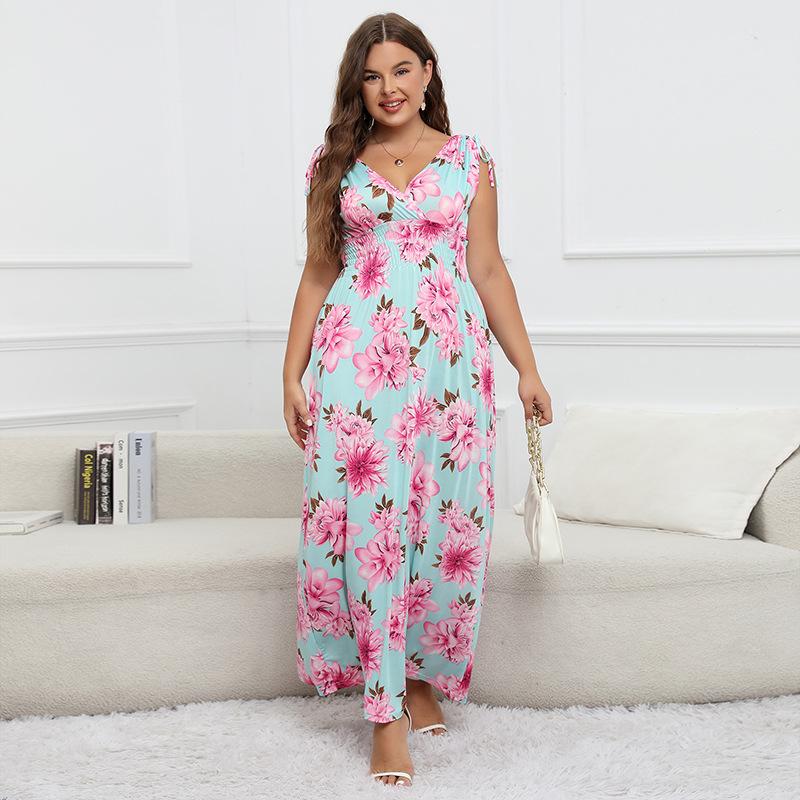Letnia damska sukienka halterowa Plus Size Sukienki z elastycznym pasem Długie sukienki z nadrukiem Halter