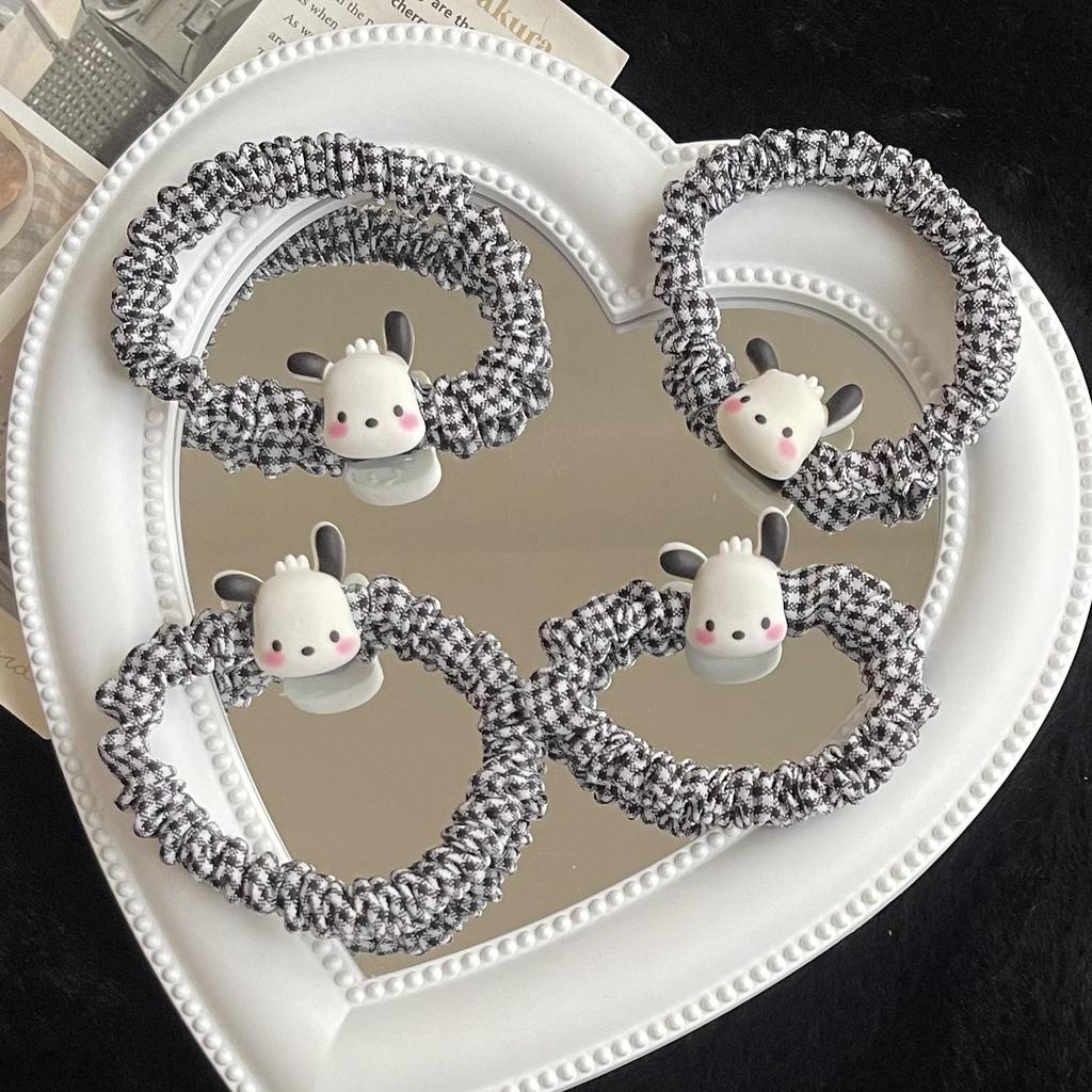 Dumb and Cute Pacha Dog Black & White Plaid Hair Tie - Simple Japanese & Korean Style Student Hair Rope