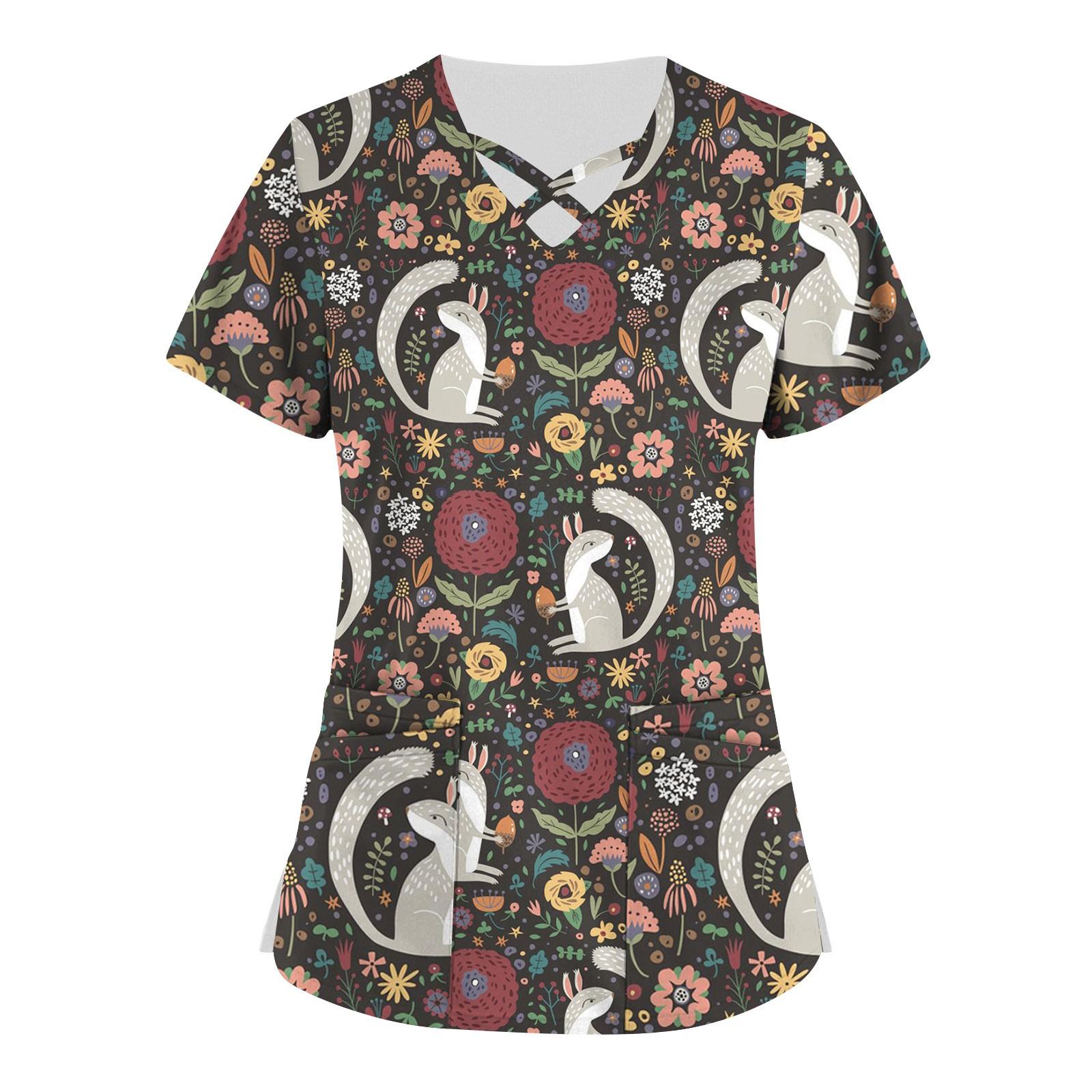 

Плюс размер, милая рабочая форма с принтом, топы для женщин, забавные футболки с перекрестным v-образным вырезом и короткими рукавами, рабочая одежда, футболка с карманами M коричневый