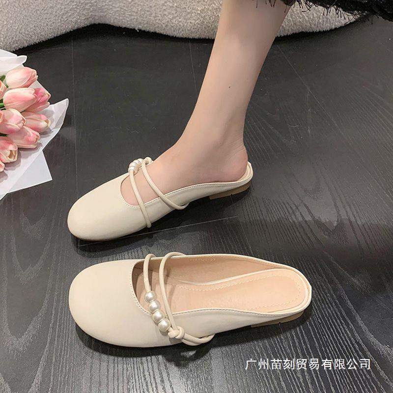 Baotou half slippers spring and summer outer wear year pearl bow soft bottom fairy wind sandals