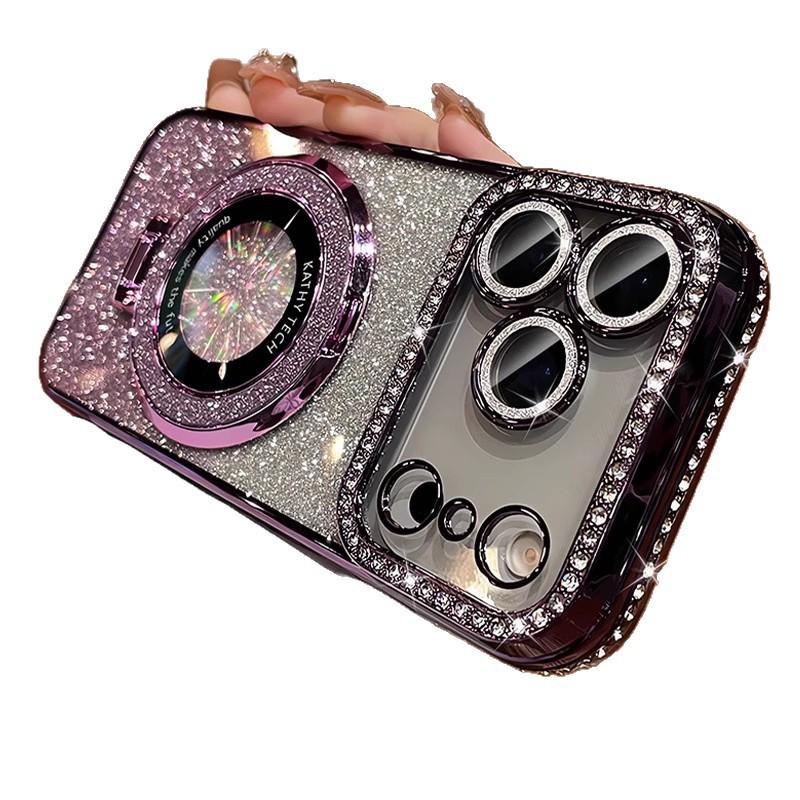 Rhinestone Glitter Magnetic Stand Case with Lens Film for iPhone 17 Pro Max, Drop-proof, Apple 16.
