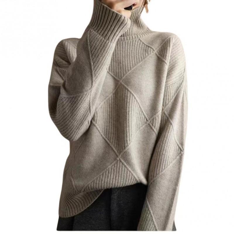 Womens High Neck Knit Sweater Solid Color Rhombus Warm Thick Long Sleeve Pullover