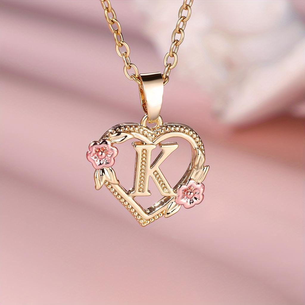 1 Pc Golden Color 26 English Letter Heart Necklace Rose Flower Pendant Wedding Band Jewelry Valentine's Day Gift
