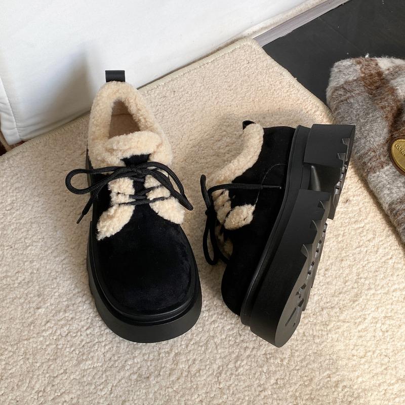Vintage Women Fur Lining Pumps Shoes Comfrot Short Plush Lace Up Snow Shoes College Style Dress Thick Sole Mary Jane Shoes