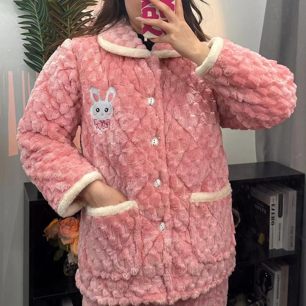 Pajamas Women's Winter Three-layer Thickened Padded Jacket Coral Fleece Lapel Super Warm Can Be Worn Outside Loungewear