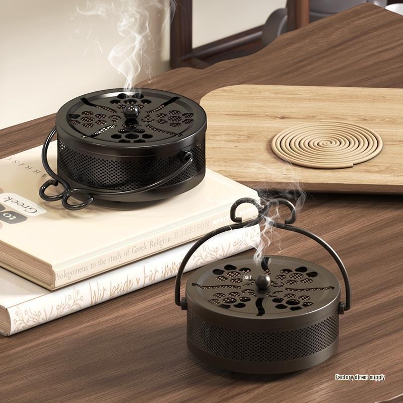 Portable Fireproof Retro Mosquito Coil Burner with Lid - Outdoor Anti-Scald Sandalwood Holder Tray