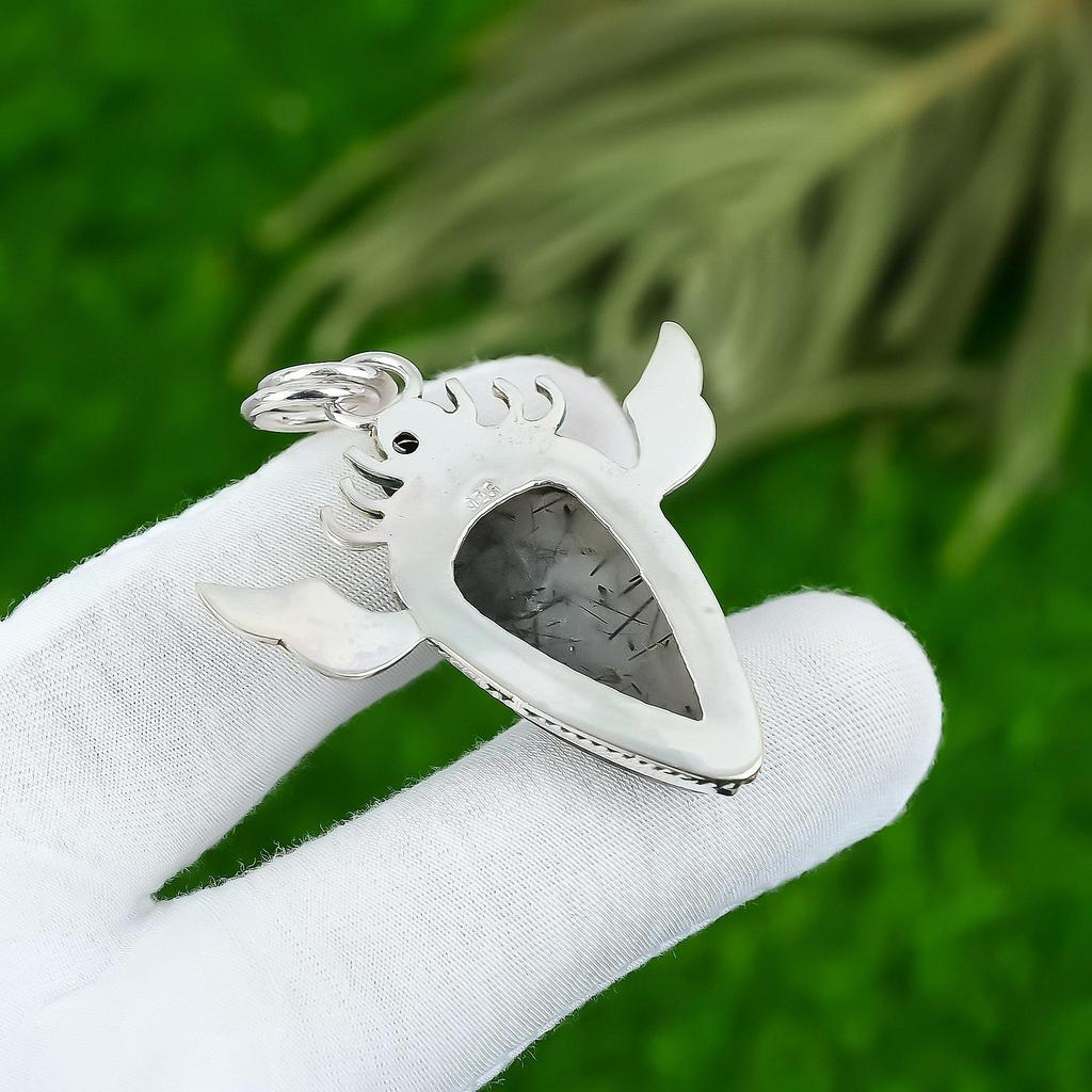 925 Sterling Silver Pear Natural Black Rutile Spinel Engagement Pendant Jewelry