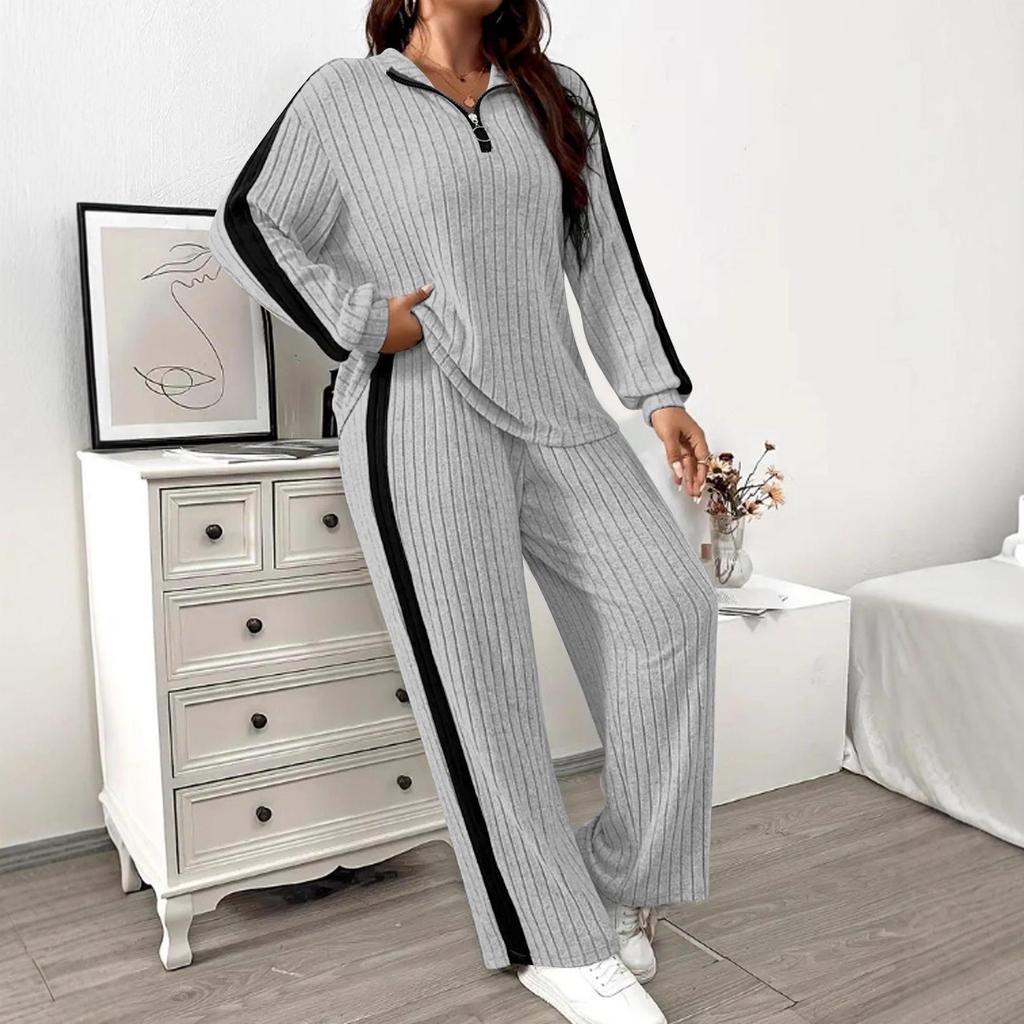 TUME Plus Size Ribbed Hoodie & Wide Leg Pants - Women's Autumn/Winter Casual Fashion Two-Piece Set