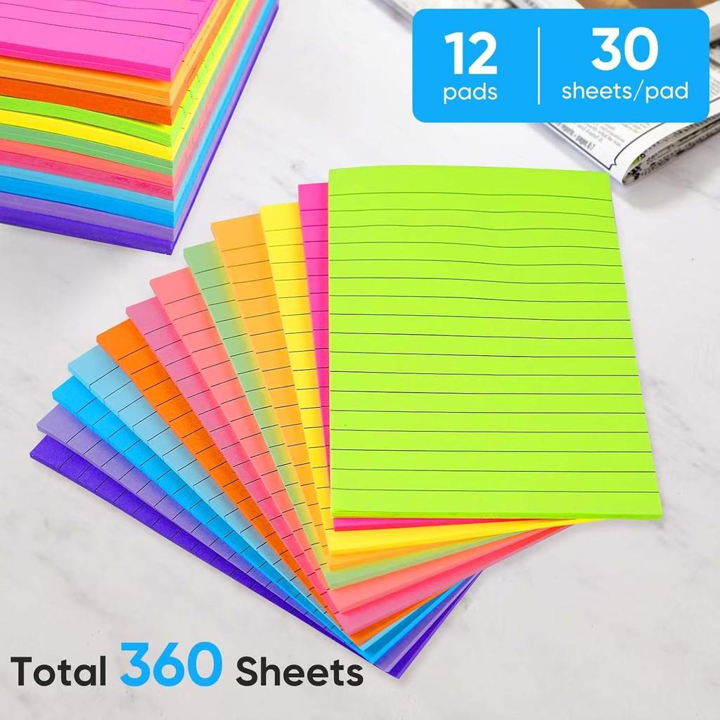 12 Pack Lined Sticky Notes in Bright Colors,Sticky Note Pads 4x6 inches,Sticky Notes with Lines, Self-Stick Note Pads, Large Rectangular Memo Pads