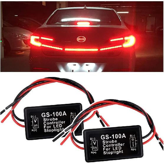 2PCS 6V-30V GS-100A LED Brake Light Flasher With Pre-Wired,Universal Pulsing Strobe Flashing Module Controller For Most Motorcycles Cars Trucks SUVs