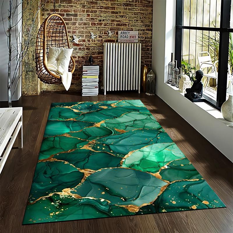 Green and Gold Marble Pattern Carpet, Modern Art Style Living Room Rug Suitable for use as an anti-slip for living room bedroom sofas