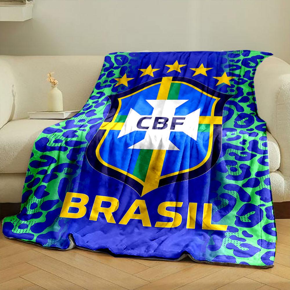 Blue and green leopard print background with a Brazil CBF emblem. for all seasons blanket lunch break throw gift