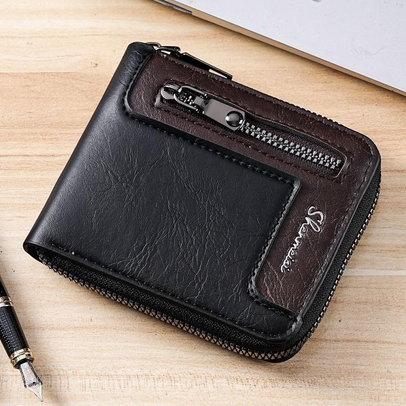 Portefeuille court pour homme en cuir PU Portefeuille pliant à fermeture éclair sur tout le pourtour Multiples emplacements pour cartes Fenêtre pour pièce d'identité Poche à monnaie Porte-billets Portefeuille compact