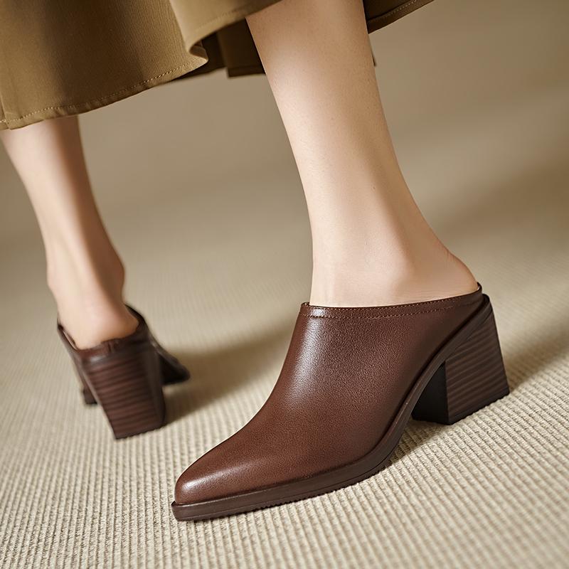 Fashion 2025 New Spring Summer Genuine Leather Mules High Heels Women Shoes Pointed Toe Women Pumps Fashion Shoes for Women Ladies Shoes
