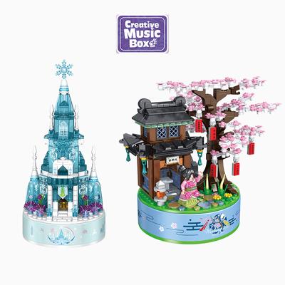 MOC Kar Kalesi Sakura Clockwork Döndür Müzik Kutusu Yapı Taşları Işık Ile Kız Doğum Günü Hediyeleri