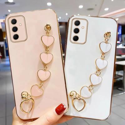 Per Samsung A55 A35 A25 A15 Custodia per telefono con catena a forma di cuore con placcatura alla moda per Galaxy A53 A73 A13 A23 A52 A72 Custodia morbida antiurto in silicone