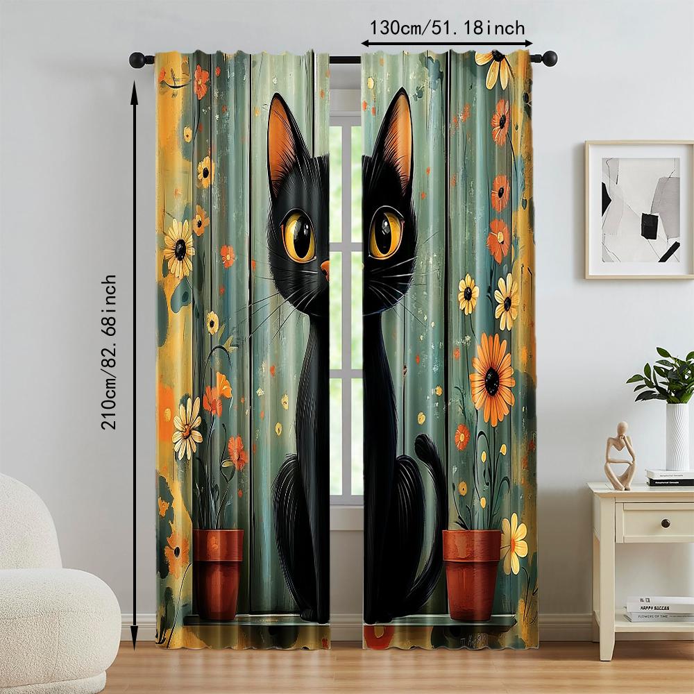 2 pcs   versatile polyester transparent curtains for home decoration Charming Rustic Black Cat & Floral for use in bedrooms and