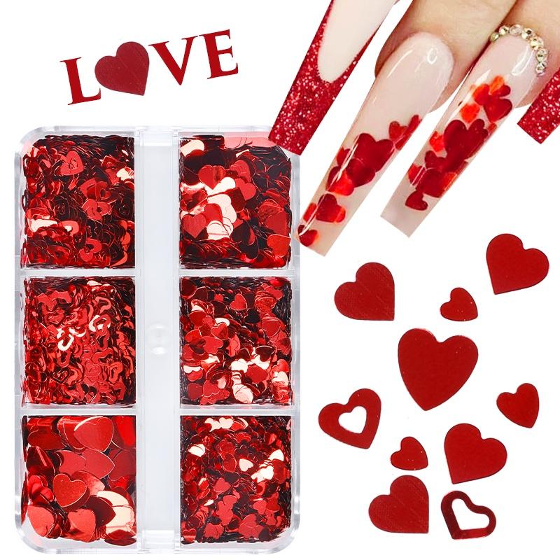 6 Grids Mixed Valentine's Day Nail Art Sequins Shiny Red Love Heart Glitter Flakes Nails Supplies For Professionals Accessories