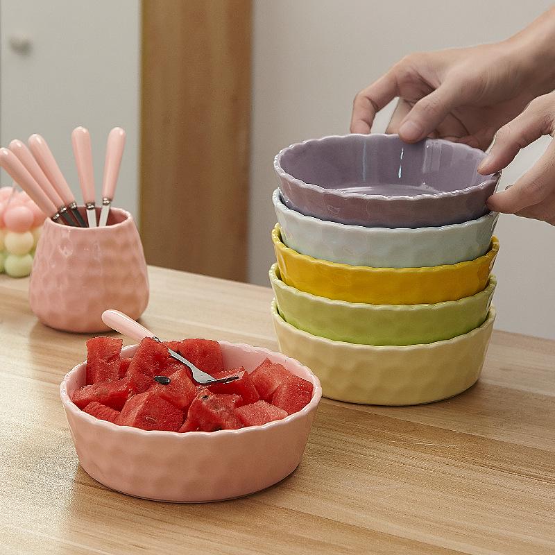 New Hammered Underglaze Ceramic Bowl - Solid Color for Salads & Fruits