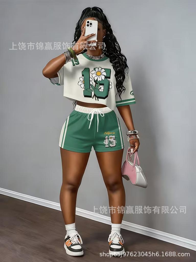 European and American street style number star print short T-shirt, elastic waist shorts, lazy two-piece outfit