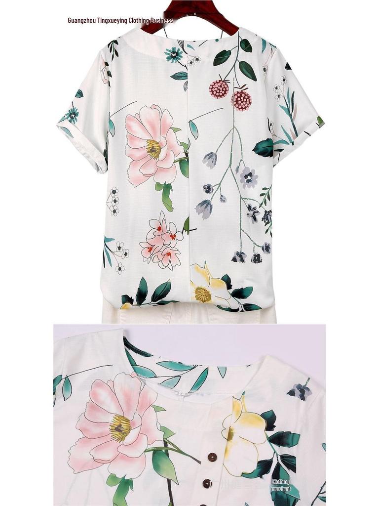 Women's Summer Retro Print Loose Cotton-Linen Short Sleeve Casual T-Shirt