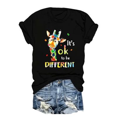 Damen Große Größen Buntes Hirsch & OK DIFFERENT Buchstaben Druck T-Shirt Rundhals Lässiges Oberteil