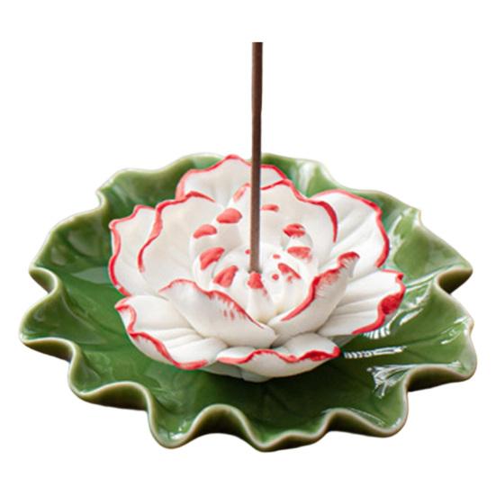 Ceramic Lotus Incense Stick Holder Decorative Water Lily Flower Leaf Base Incense Burner красный/белый
