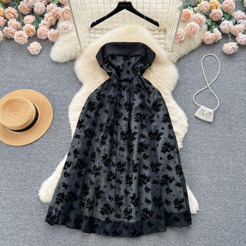 

Retro Hepburn Style Mesh Slip Dress Waist-Tight Tube Top Black S