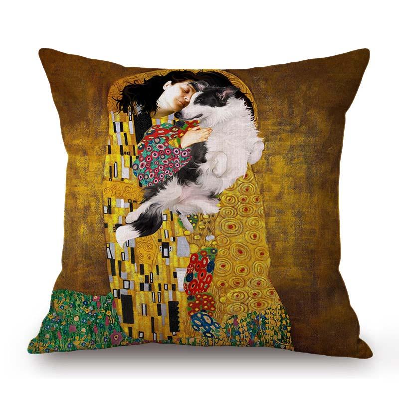 Nouveau Art Gustav Klimt Style Cute Dog Funny Lovely Gold Color Home Decoration Sofa Pillow Case Cotton Linen Cushion Cover