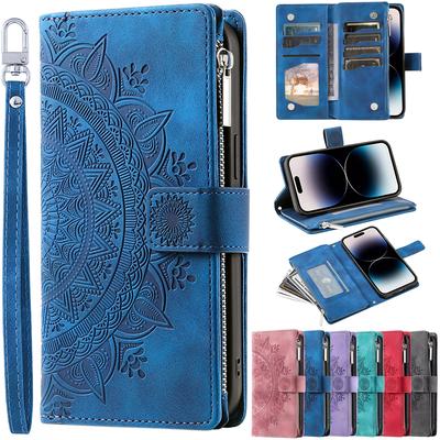 Embossed Flip Wallet Zipper Leather Case For iPhone 16 15 14 Plus 13 12 Pro Max Xs Max Samsung S25 S24 S23 S22 S21 Ultra Plus FE A16 A55 A14 A54 A53
