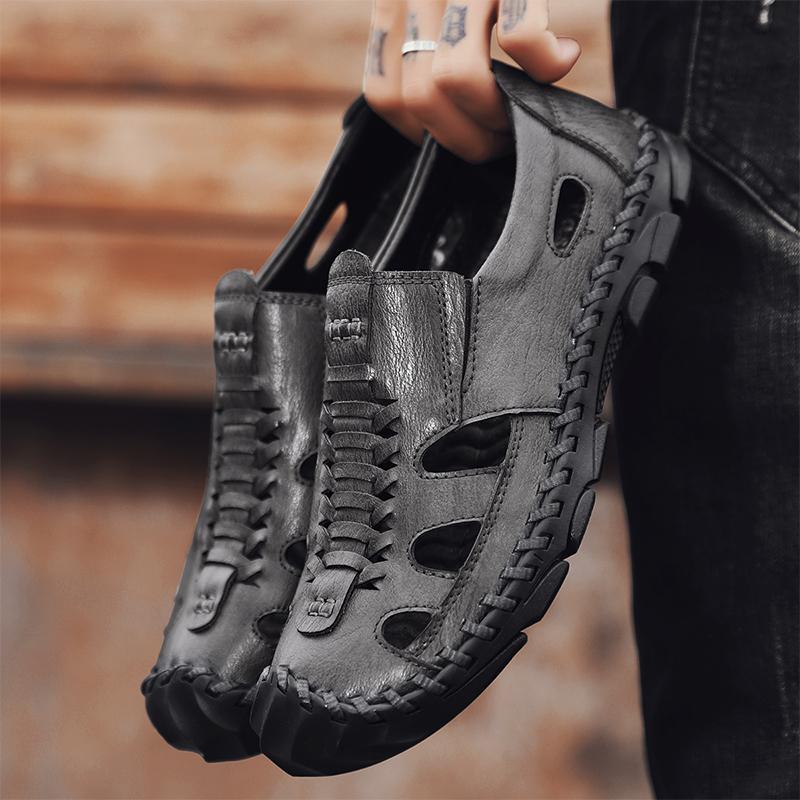 

Мужские походные сандалии ручной работы, летние римские сандалии, закрытый носок, пляжная обувь для папы, большие размеры EU:48 серый