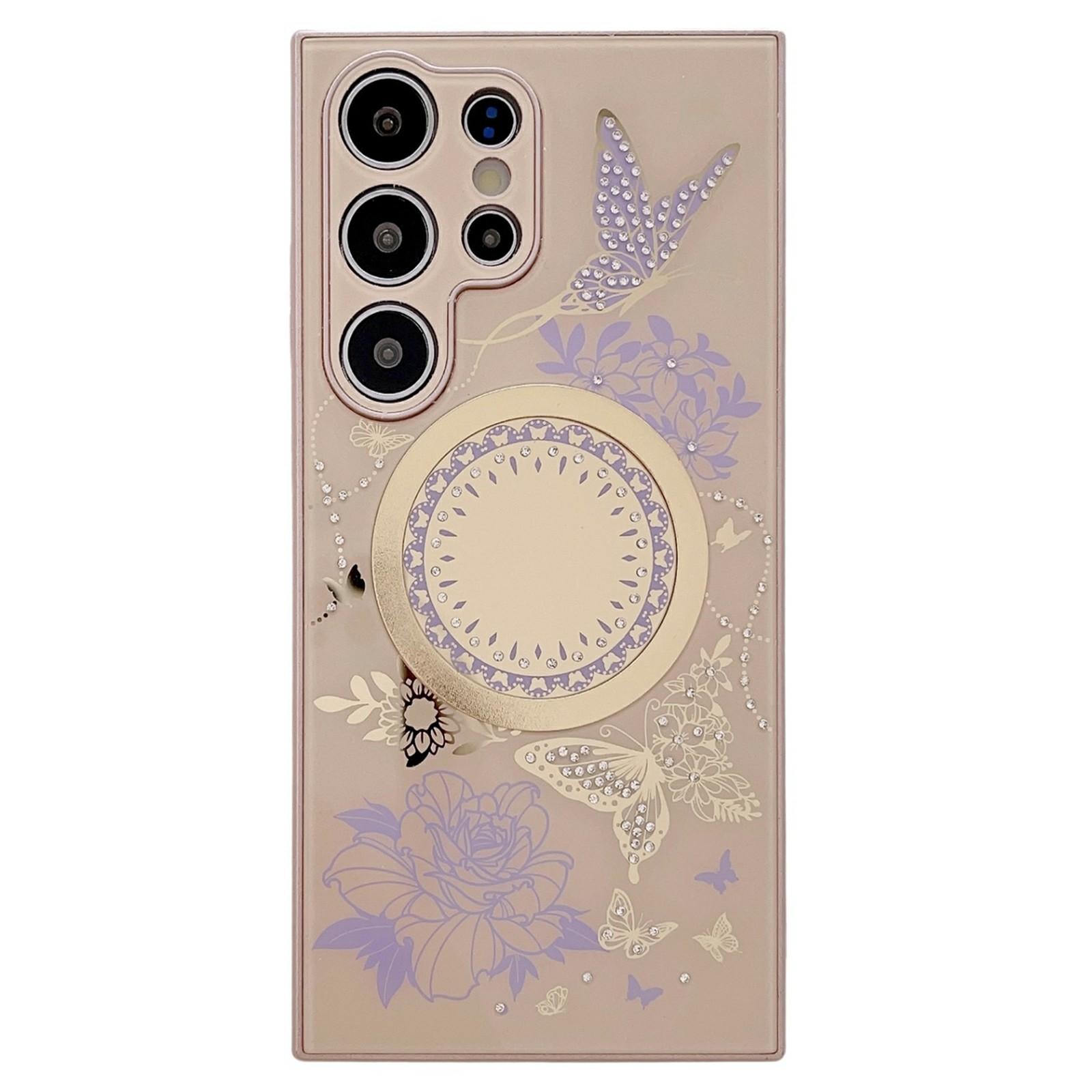 

For Samsung Galaxy S25 Ultra Case Compatible with MagSafe TPU+PC Phone Cover Flower Butterfly Pattern Brown/Purple