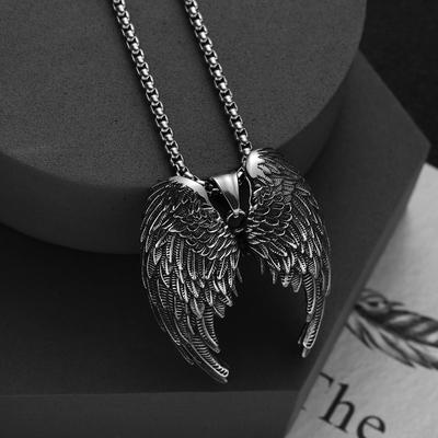 Retro Angel Wing Necklace Stainless Steel Hip Hop Punk Style Silver Pendant Gift For Men Women Jewelry