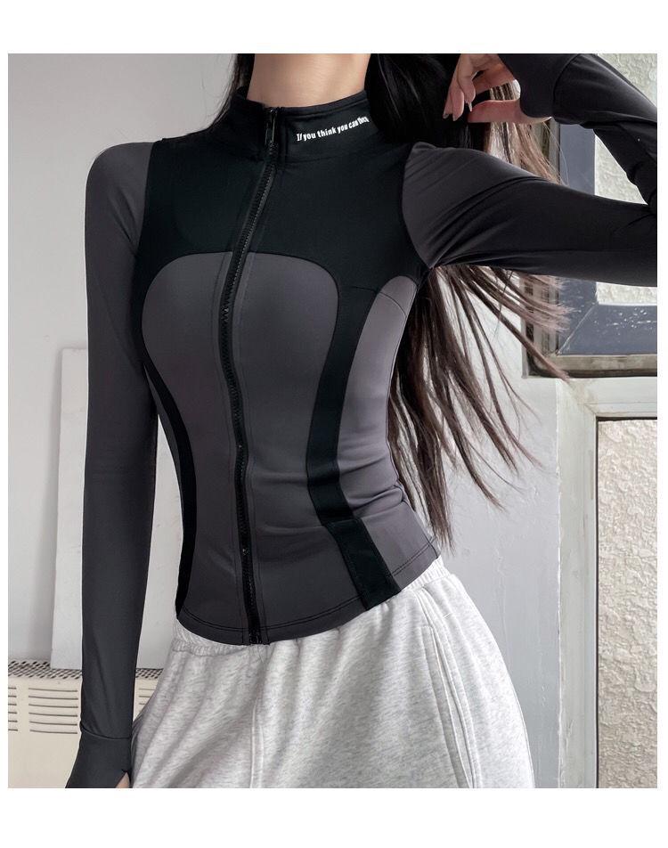 

Осенне-зимняя приталенная женская куртка для фитнеса на молнии со стойкой воротником - Спортивная одежда для йоги с длинным рукавом L [110-125 lbs]