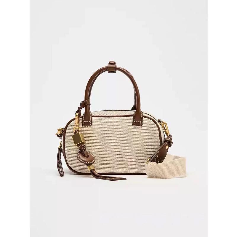 2026 New niche retro color-blocking hand-held small bag, stylish crossbody canvas PU small square bag, single-shoulder bowling b