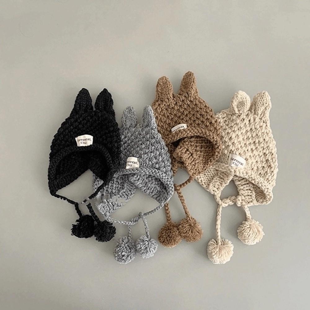 Solid Color Hand Knitted Cap Rabbit Ear Ear Protection Cap Cute Baby Crochet Hat  Kids