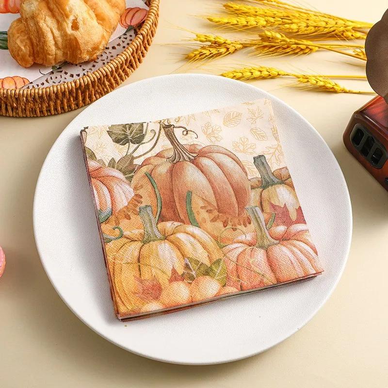 20Pcs/pack Thanksgiving Pumpkin Tissue Two Layer Printed Handkerchief Party Decoration Table Dinner Paper