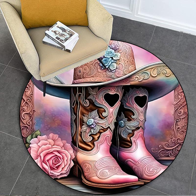 Cowgirl Boots Hat Circular Rug Office Decorative Carpet For Living Room Bedroom Door Mat Floor Carpet Computer Chair Area Rug