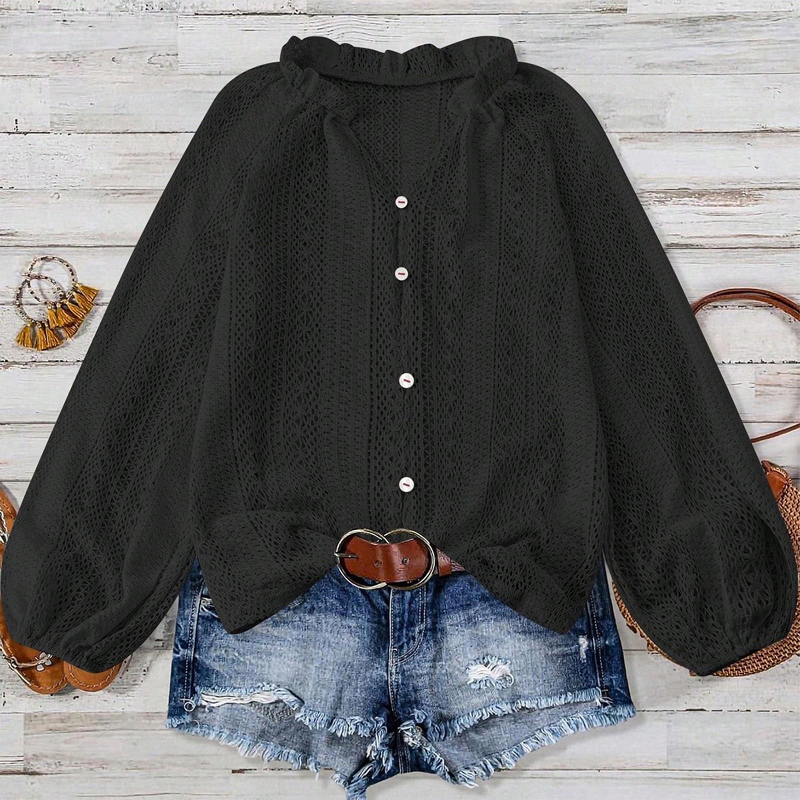 

Женская свободная и модная универсальная рубашка-топ с V-образным вырезом из ажурного кружева, на пуговицах, с длинными рукавами M чёрный