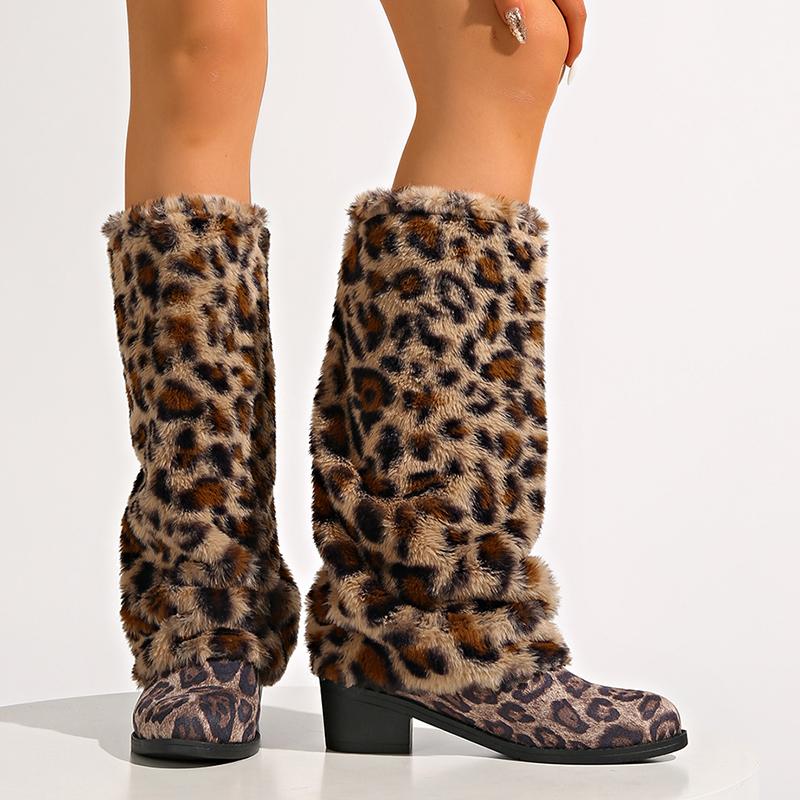 Leopard Print Faux Fur Knee High Boots Women Winter Fashion Warm Plush Long Boots Woman Slip On Chunky Heel Shark Botas De Mujer